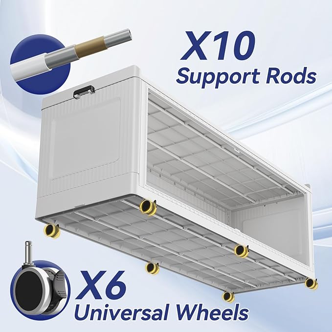 240 Gallon Extra Large Collapsible Storage Bin with Lid, 960QT Stackable Plastic Organizer with 6x Wheels, Foldable Drawer Cabinet for Closet, Living Room Office, Kitchen 3Pack, White