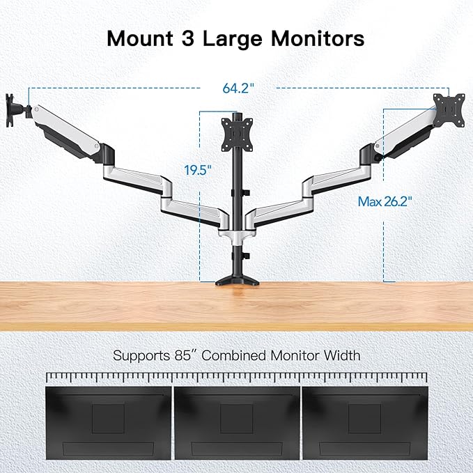 HUANUO Gaming Triple Monitor Stand, Full Motion Articulating Triple Monitor Mount Fit 17 to 32 inch Flat/Curved LCD Computer Screens with Clamp, Grommet Kit, Silver