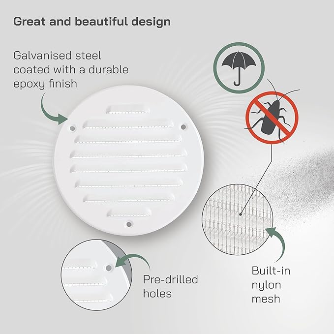 Vent Systems - 4 Inch (Inner) Pack of 10 White Metal Round Soffit Air Vent Grille Cover, Register air Vent Deflector, Louver - Built-in Mesh - HVAC for Bathroom, Home Office, Kitchen 5 Inch (Outer)