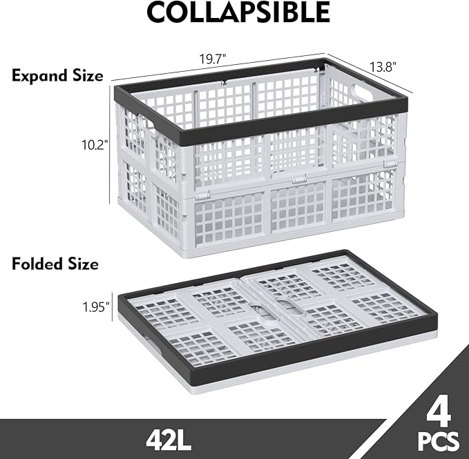 42 L Plastic Stackable Collapsible Storage Crate, 4-Pack Stacking Folding Storage Basket, Utility Crate Basket Containers