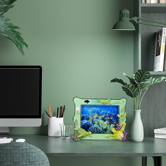 6x8 Inch Sea Turtle Resin Picture Frame - Ocean-Themed Tabletop Photo Display with Turtle Figurine, Feng Shui Lucky Wealth Home Decor, Beach & Marine Art Gallery Decor