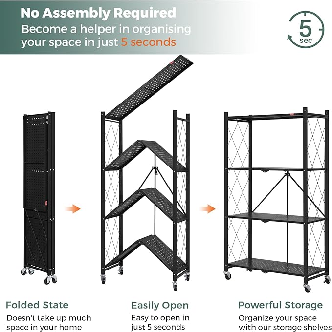 DEANIC 4 Tier Foldable Storage Shelves with Wheels, Large Capacity Shelving Unit, Freestanding Metal Wire Shelf Rack, No Assembly Organizer Rack for Garage Kitchen, Basement, Pantry(Black)
