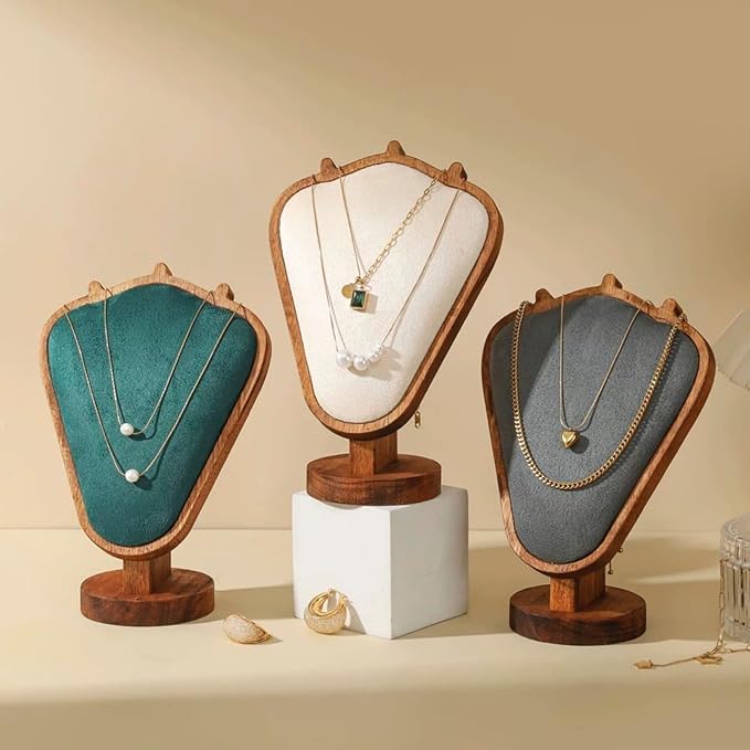 Walnut Color Body Wood Necklace Display Stand with Beige Flannelette Soft Mat Necklace Holder Organizer Desktop Stand for Home Store Dresser-3.3"x5.8"x8.4"