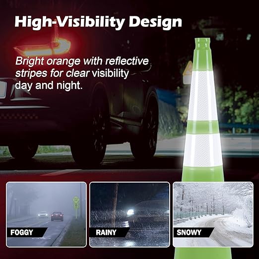 6 Pack 28 Inch Green Traffic Cones with Reflective Strips, Heavy Duty Black Base Cones for Outdoor Events, Driveways and Construction Zones (6, Green, 28 Inch)