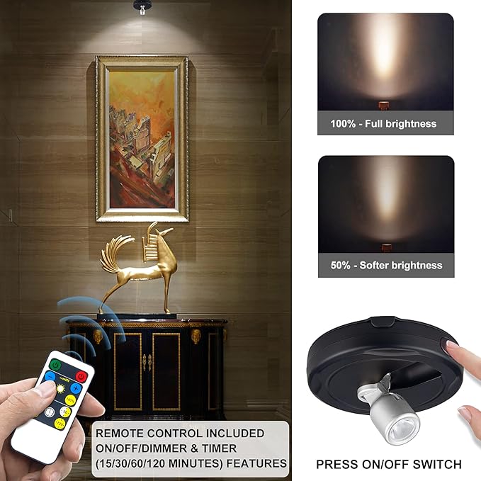 LED Spotlight, Battery Powered Picture Lights, Uplighting Indoor, Puck Lights with Remote, Stick Spot Light for Wall Display Dartboard Painting Artwork Accent-Silver（4Pack）