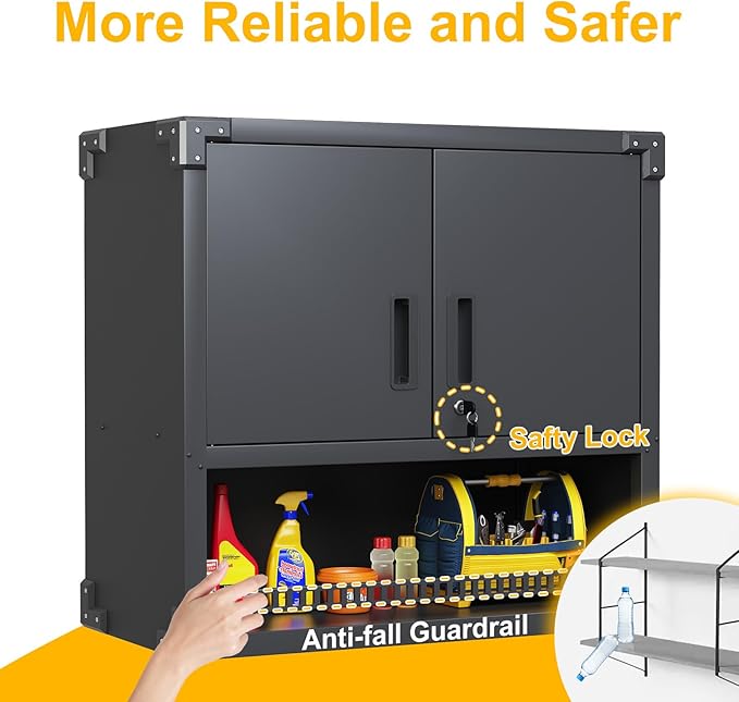 Metal Wall Mounted Cabinet with Locking Doors, Open Shelf, Adjustable Hanging Garage Storage Cabinet, Floating Upper Tool Cabinets for Shop, Kitchen, Bathroom (Black, 30''W x 12''D x 30''H)