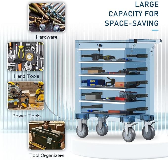 5-Drawers Garage Tool Chest, Large Capacity Tool Cabinet Heavy Duty Mechanic Rolling Tool Box Metal Locking Tool Cart with Drawers and Wheels for Storage