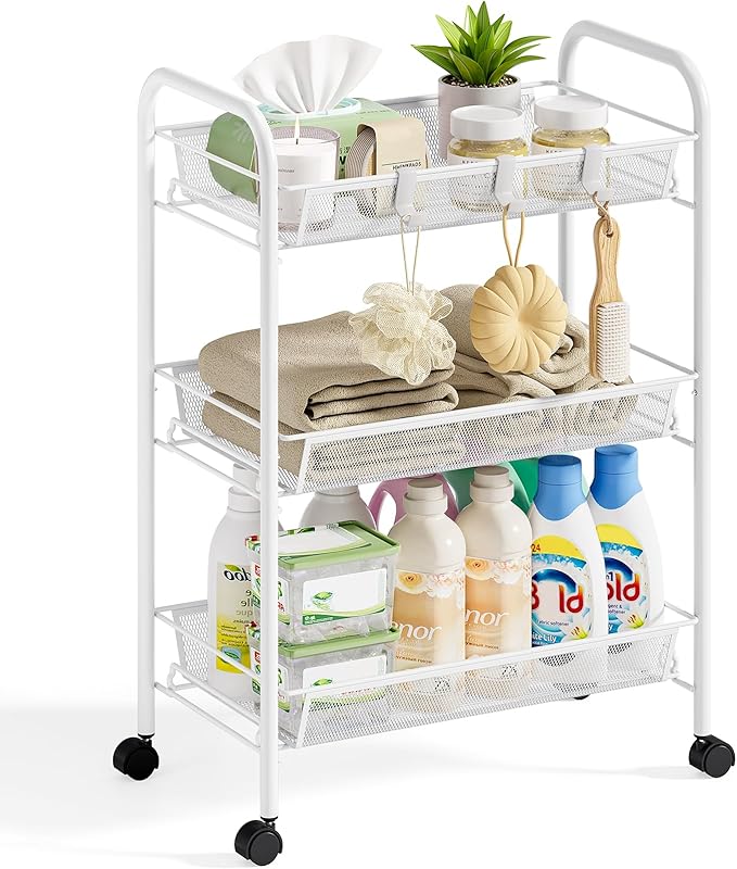 Metal Rolling Utility Cart, 3-Tier Mesh Wire Storage Trolley with Easy Assembly, Organizer Craft Cart 3 Hooks, Mobile Shelving Unit for Kitchen, Bathroom, Laundry Room, and Home