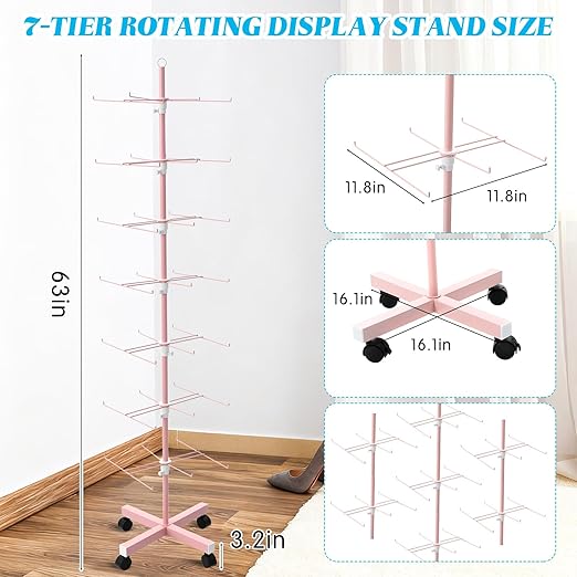 Ripeng 2 Pcs 7‑Tier Retail Display Stand – Rotating Display Rack with Wheels for Jewelry Keychains Socks Hats – Adjustable Movable Shop Spinner for Craft Shows Vendor Events & Stores Accessories, Pink