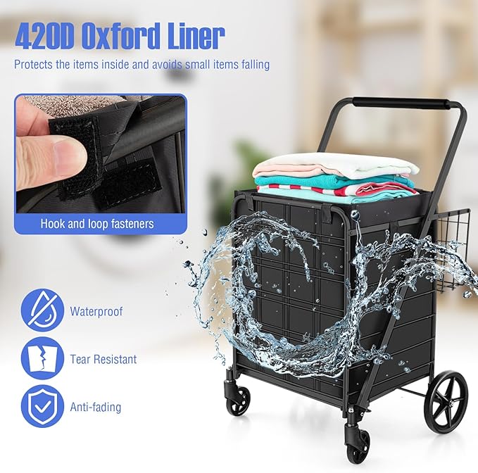 Goplus Shopping Cart for Groceries, Jumbo Upgraded Folding Grocery Cart with Waterproof Liner, 330 LBS Weight Capacity, 360° Swivel Wheels, 33 Gal Double Basket, Heavy Duty Foldable Utility Cart