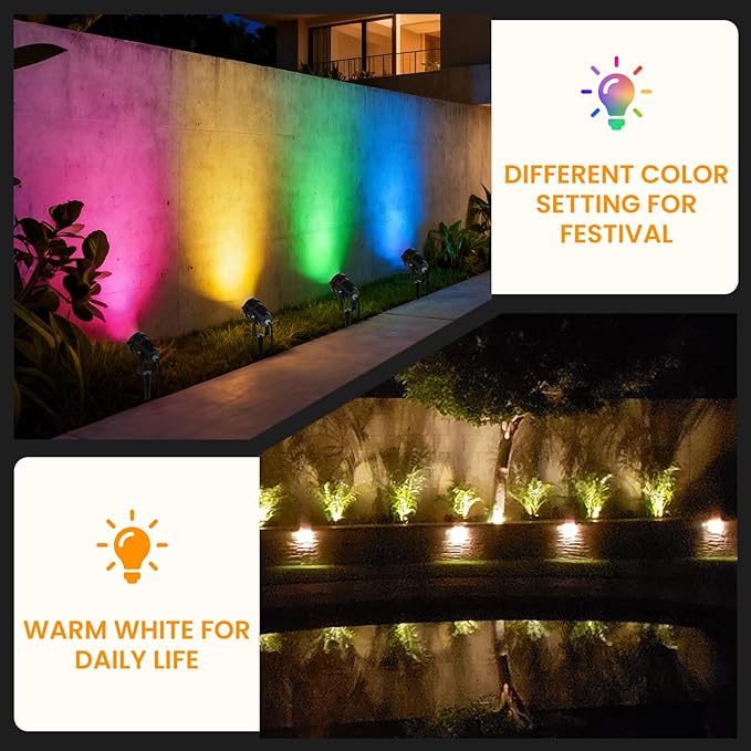 RGBW Christmas Spotlight Outdoor: 16 Color Changing Landscape Lighting with Remotes 120V Plug in Waterproof Holiday LED Spot Light for Yard Garden Tree Path House Décor, 2 Pack (RGB + Warm Light)