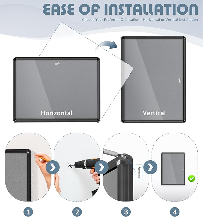 Enclosed Bulletin Board 24x18 in, Lockable Felt Board Bulletin Board for Office School Home Commercial, Tamperproof and Shatter Resistant, Black Aluminum Frame, Grey Felt
