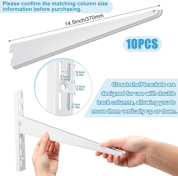 10 Pack Adjustable Shelf Brackets for Double Track System Closet Organization Heavy Duty Wire Shelf Brackets(White,14.5 Inch)