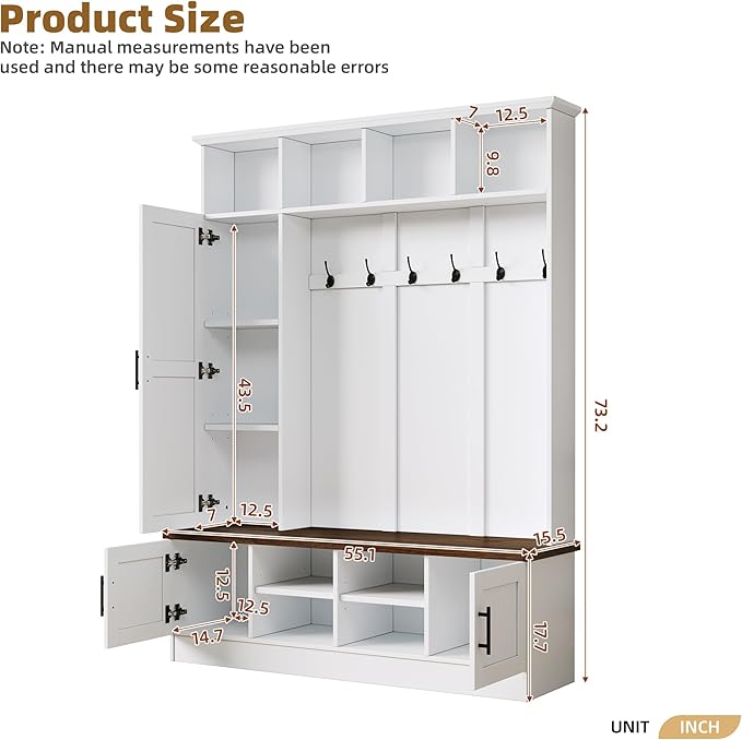 Merax Farmhouse Wood Hall Tree with 6 Hooks and Shoe Bench, Mudroom Versatile Coat Racks with Cabinets and Shelves, Entrance Organizer for Hallway White