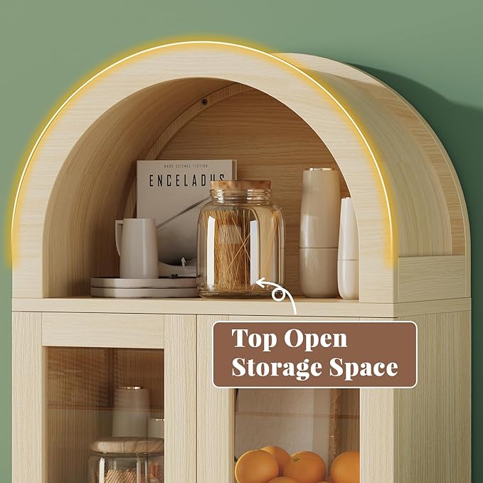 71” Tall Arched Pantry Cabinet with Glass Door, Display Cabinet Organizer, Versatile Pantry with Top-Opening Storage Container for Living, Kitchen Dining Room, Natural