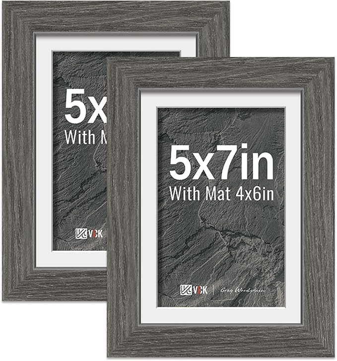 VCK 5x7 Picture Frame 2 Pack - Grey, High-End Wood Poster Frames with Tempered Glass, Display 4x6 Photo with Mat or 5x7 without Mat, Art Gallery-Quality, Wall Hanging/Tabletop, Grey
