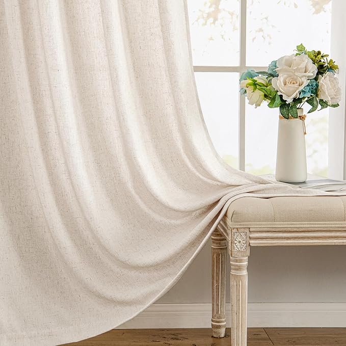 MIULEE Non-See-Through Privacy Linen Curtains 2 Panels, Light Filtering Window Curtains Farn House Textured Back Tab Semi Sheer Drapes for Bedroom Living Room, 52 x 63 Inches Long, Cream