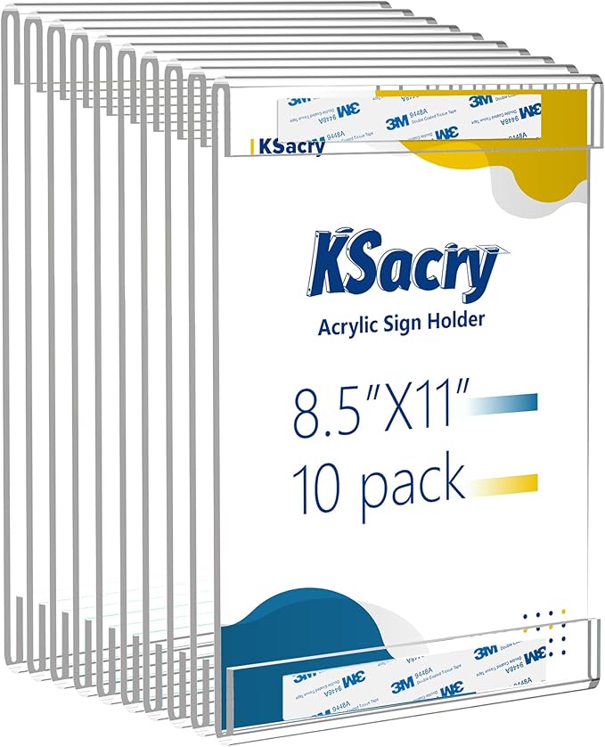 KSacry 10 Pcs Acrylic Sign Holder 8.5 x 11, Vertical Wall Mount Sign Holders with 3M Adhesive, Clear Plastic Frames Paper Display Sign Holders for Office, Home, Store, Restaurant - No Drilling