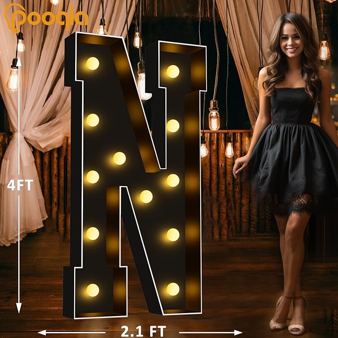 Pooqla 4 FT Marquee Light Up Letters, Black Letter Lights 4 Feet Tall, Giant Sign Big Mosaic for Balloons Birthday Party Anniversary Wedding Decorations, Warm White N