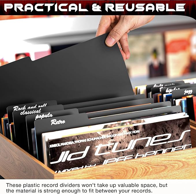 Facmogu 20PCS Vinyl Record Dividers, Upgrade Thicker 33 RPM Plastic Vinyl Record Separators, 12in Blank Writable DIY Record Dividers, Reusable LP Dividers for Vinyl DVD Record Albums Storage - Black