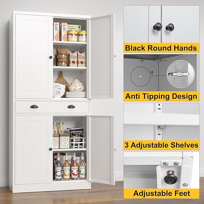 71” Food Pantry Storage Cabinet with Drawer,White Metal Kitchen Pantry Cabinet with Doors and Adjustable Shelves,Tall Storage Cabinets for Pantry,Kitchen,Livingroom