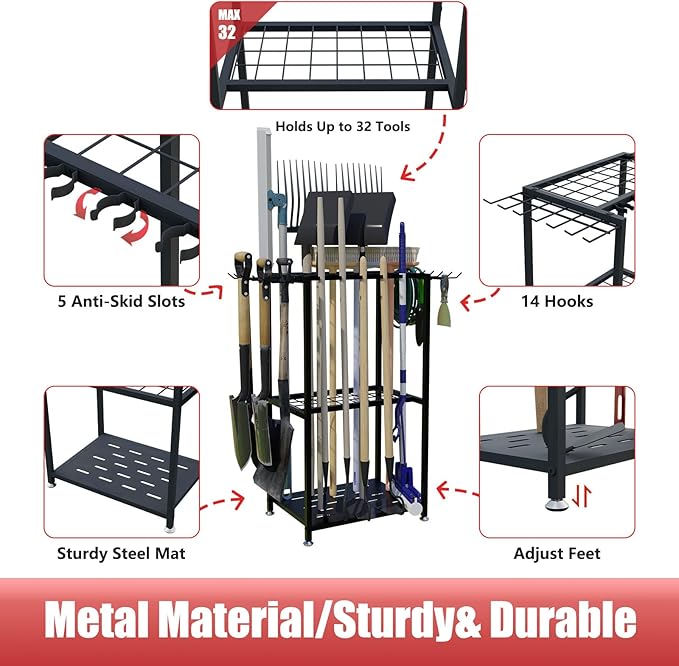 Garden Tool Organizer, 3-Tier Metal Yard Tool Rack with 14 Hooks & 5 Slots, Holds 50+ Rakes/Shovels/Brooms, Heavy Duty Freestanding Lawn Tool Storage for Garage Shed Outdoor Organization