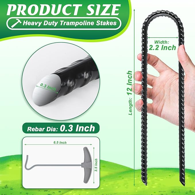 Gtongoko Trampolines Wind Stakes 16 Pack 12 Inch with T Hook, 0.3 Inch Thick Heavy Duty U Shaped Ground Anchors Galvanized Steel Safety Trampoline Anchors for Camping Tents, Soccer Goals