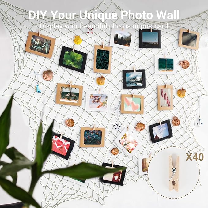 80x40 Inch Decorative Fishing Net w/Shells & Clips, 3mm Beige Natural Cotton Large Photo Hanging Fishnet, Wall Halloween Party Decorations for Nautical Pirate Hawaii Underwater Mermaid Themed Party