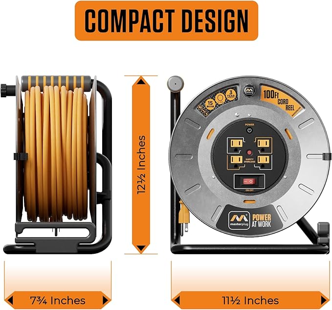 Masterplug 100ft Cord Reel, Metal Cable Drum, Retractable Extension Lead with Winding Handle, Safety Overload Circuit Breaker and Power Switch, 4x Grounded Outlets, 15amps, 12AWG Cable