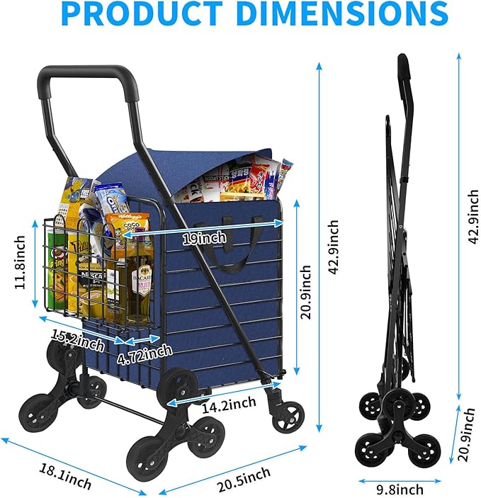 Folding Shopping Cart with Waterproof Liner, Heavy-Duty Stair-Climbing Grocery Cart with 360° Swivel Wheels - Extended Foam Handle - Utility Trolley for Laundry, Travel, Shopping (Blue)