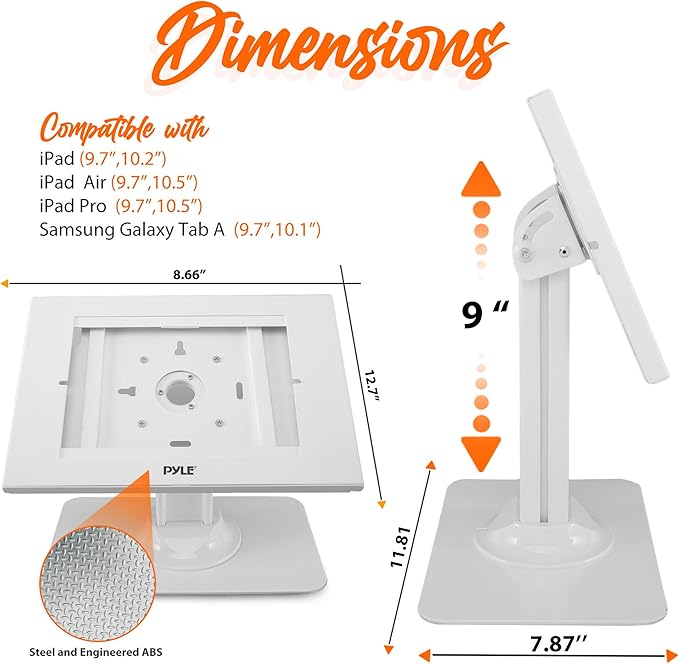 Pyle Anti Theft Tablet Security Stand - Table Mount Desktop Ipad Kiosk Stand w/Lock and Key Mechanism, 90° Rotate 75° Tilt - iPad, iPad Air, iPad Pro, Samsung Galaxy Tab A (2021) PSPADLK18, White