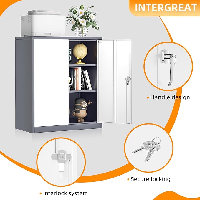 INTERGREAT Metal Garage Storage Cabinet, 36" Lockable Storage Cabinet with 2 Doors and 2 Adjustable Shelves, Steel Grey White File Cabinet Great for Home Office, Garage, Warehouse, Study Room