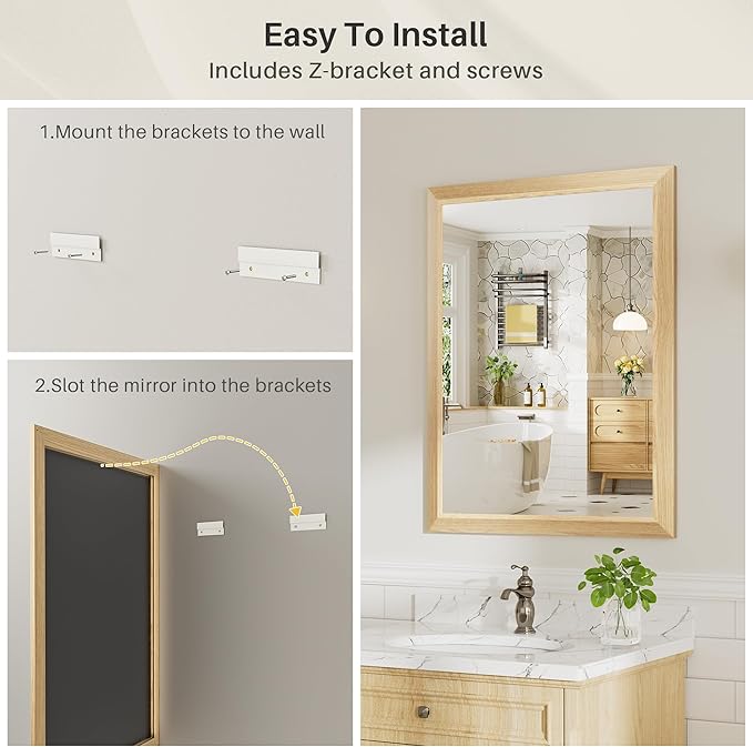 28x36 Inch Bathroom Mirror for Wall, Anti-Rust Oak Wood Grain Metal Framed Bathroom Mirrors for Over Sink,Rectangler Mirrors for Bathroom Vanity, Farmhouse, Bedroom, Living Room, Entryway Decor