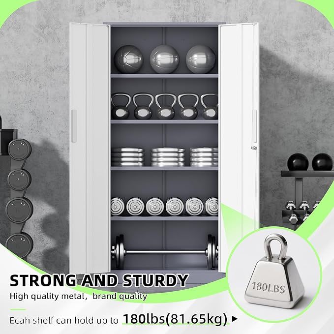 INTEGREAT Metal Storage Cabinet,71" Grey White Office Metal Cabinet with Locking Doors and Adjustable Shelves,Steel Locking Cabinets for Office,Home,Garage,Gym,School