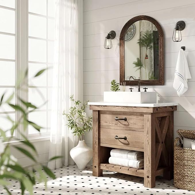 LOSOUR Arched Mirror, Farmhouse Decor Solid Wood Frame Wall Mirror, Bathroom Mirrors, Large Vintage Mirror for Bathroom, Living Room,Bedroom, Entryway, Hallway,Foyer (Coffee, 36" L x 24" W)