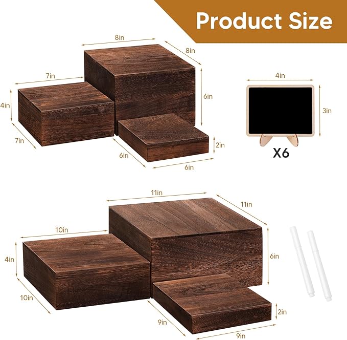 6 Pack Wooden Risers Display Stands with Mini Signs Square Food Risers for Buffet Party Rustic Wood Cake & Cupcake Stands Nesting Box Wooden Crates for Display