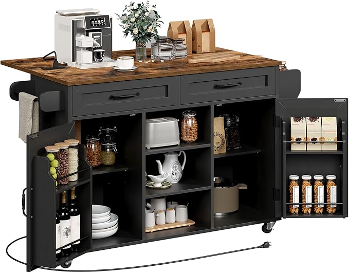 Kitchen Island with Power Outlets & Drop Leaf, Kitchen Cart with Storage, Drawer and Spice Rack, Tower Rack, Island Table, Black and Rustic Brown