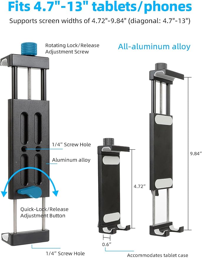 Xik Portable 81" iPad Tripod Stand, Extendable Aluminum Alloy Travel Tablet Tripod Holder, Compatible with iPad Pro, iPhone, Kindle & All 4.7-12.9" Tablets（Extendable Height: 14.4" to 81" ）