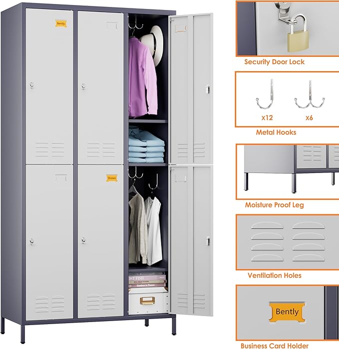 Aobabo Upgraded Metal Storage Locker for Employees, 6 Doors Metal Locker Cabinet with Lock and Name Card Slot, Industrial Storage with 18 Hooks, for Office Gym, Assembly Required,Grey White
