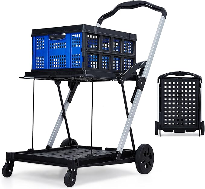 Heavy-Duty 2-Tier Folding Utility Cart with Wheels – Collapsible Shopping Trolley – Removable Storage Crate, 198 lb Capacity, Lightweight Portable Aluminum, Outdoor Garden Yard Wagon – Blue