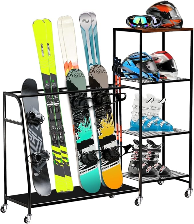 Heavy-Duty Freestanding Snowboard Rack & Snowboard Storage Rack with Wheels – Holds 4 Pairs of Skis, 3 Snowboards, Boots, Poles, Helmets & More Ski Sports Equipment – Ideal for Garage, Basement, Shed