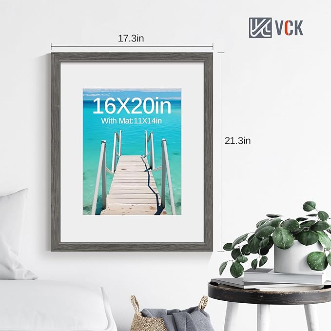 VCK 16x20 Picture Frame 2 Pack - Grey, High-End Wood Poster Frames with Tempered Glass, Display 11x14 Photo with Mat or 16x20 without Mat, Art Gallery-Quality, Wall Hanging, Grey