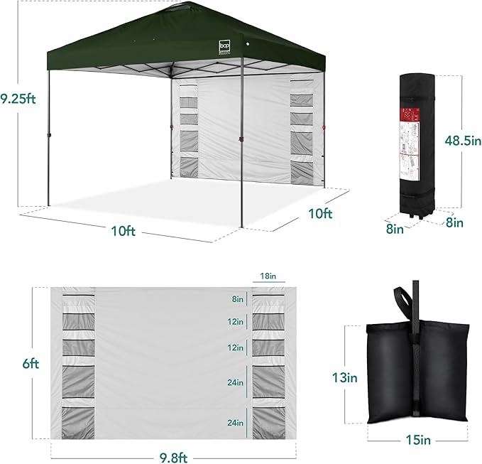 Best Choice Products 10x10ft Easy Pop Up Canopy w/Side Wall, 10 Pockets, Portable Carrying Case, 1-Button Setup, 4 Weight Bags - Dark Green
