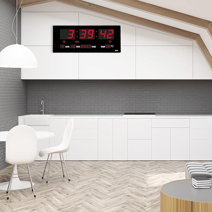 14.1 Inch Red Digital Wall Clock, Date/Day/Temperature Display, Energy Saving LEDs, Foldable Stand
