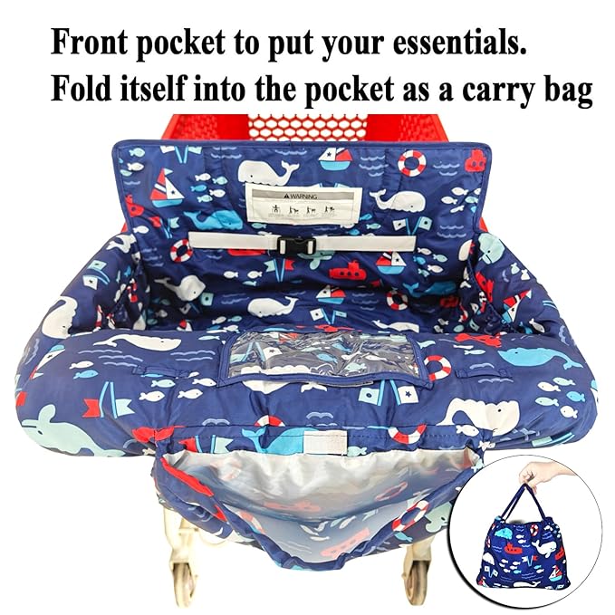 2-in-1 Shopping Cart and High Chair Cover for Baby, Padded Cover, Fold'n Roll Style, Portable with Carry Bag (Blue Whale)