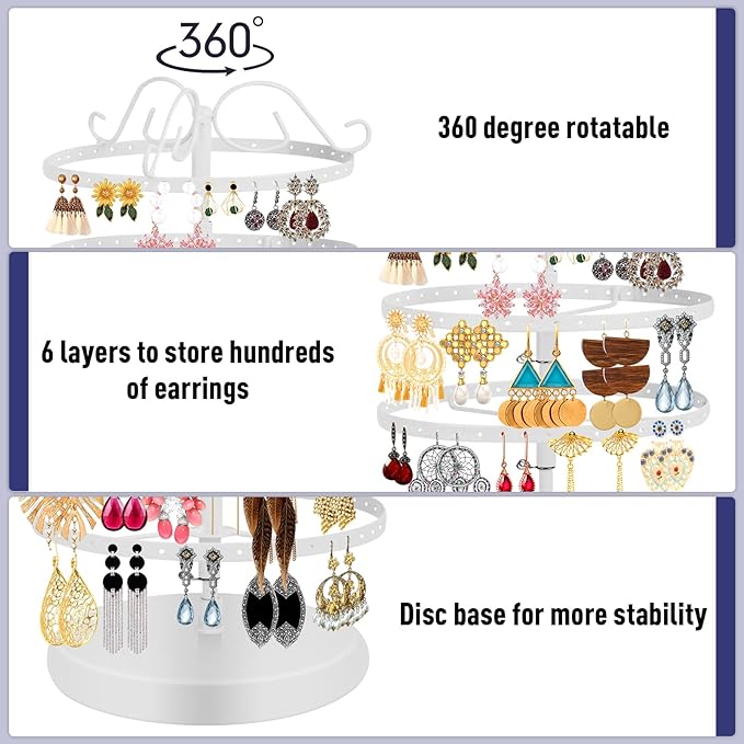 6 Tier 360 Rotating Earring Holder Organizer Stand, Jewelry Tree Rack, 264 Holes Display Storage for Stud Hoop Earrings, Vintage Metal Design, Space Saving Table Decor