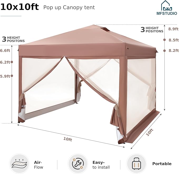 MFSTUDIO 10'x10' Pop Up Canopy Tent with Netting, Portable Instant Folding Canopy, Outdoor Canopy Screen Event Tent with 4 Zippered Mesh Netting for Garden, Brown