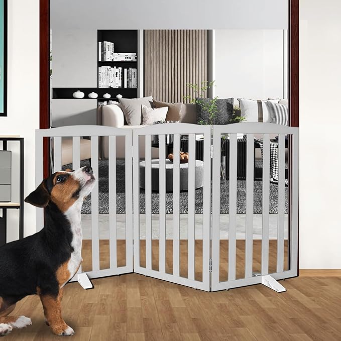 Freestanding Dog Gate Indoor,Doggie Gate Foldable Pet Gates for Doorways,Stairs or Hallways, Wooden Grey Pet Gate for The House, Pet Fence with Support Feet Included,32 "Height-3 Panels