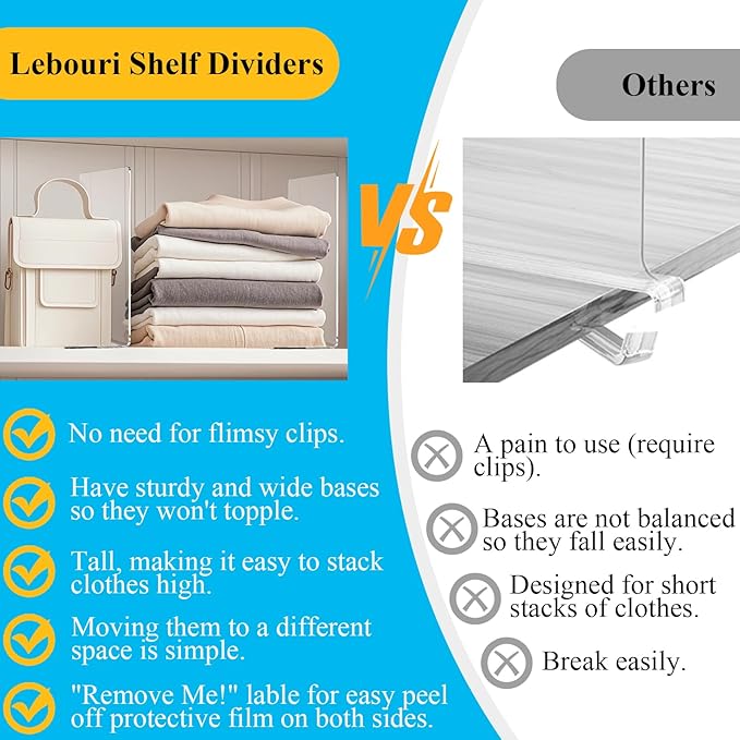 Acrylic Shelf Dividers for Closet Organization: 10" Tall x 12" Deep Closet Shelf Divider for Clothes Sweater Purse - Clear Closet Organizers and Storage Separators for Shelves, 5Pack