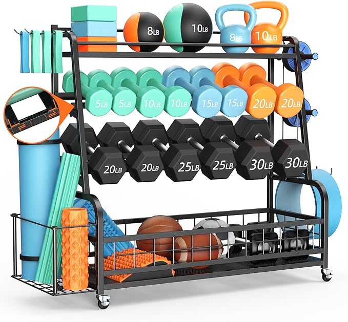 Updated XL Dumbbell Rack Stand, 4-Tier Adjustable Weight Rack for Dumbbells, Heavy Duty Home Gym Storage Rack for Kettlebell,Yoga Mat Holder, Equipment Storage Organizer with Wheels